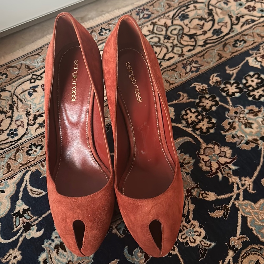 Sergio Rossi Rust Suede Peep-Toe Pumps